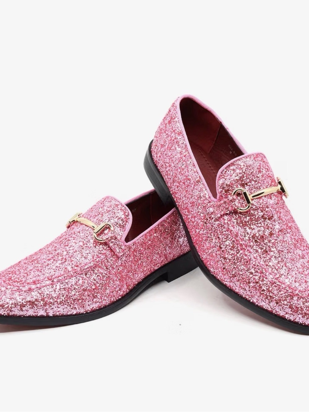 Men's Pink Glitter Slip-On Loafers with Gold Bit Accent